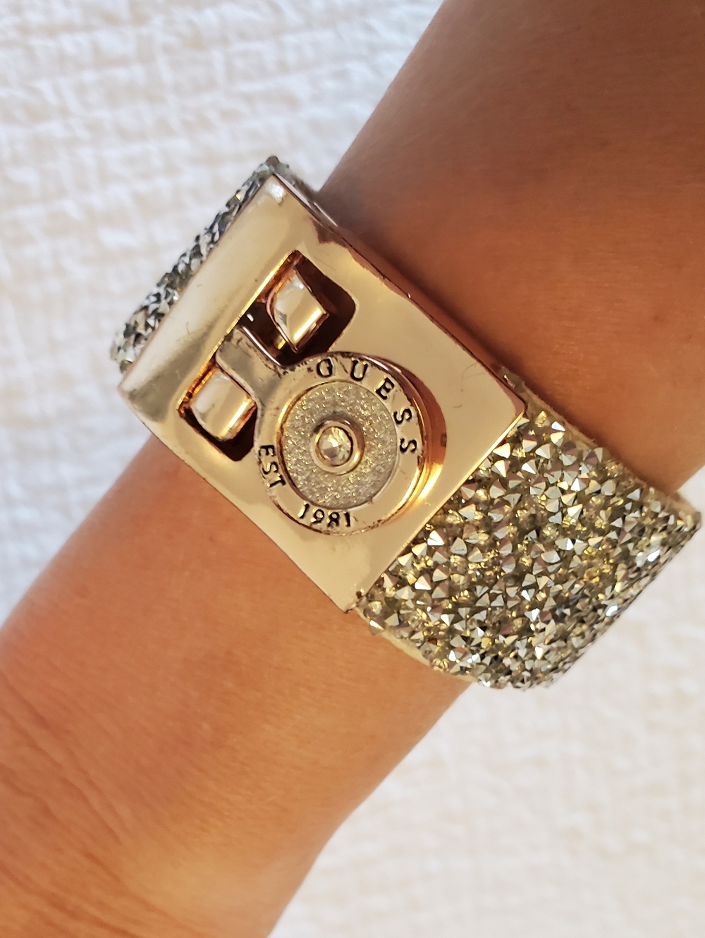 GUESS Gold Crystal Statement Cuff Bracelet With Magnetic Closure